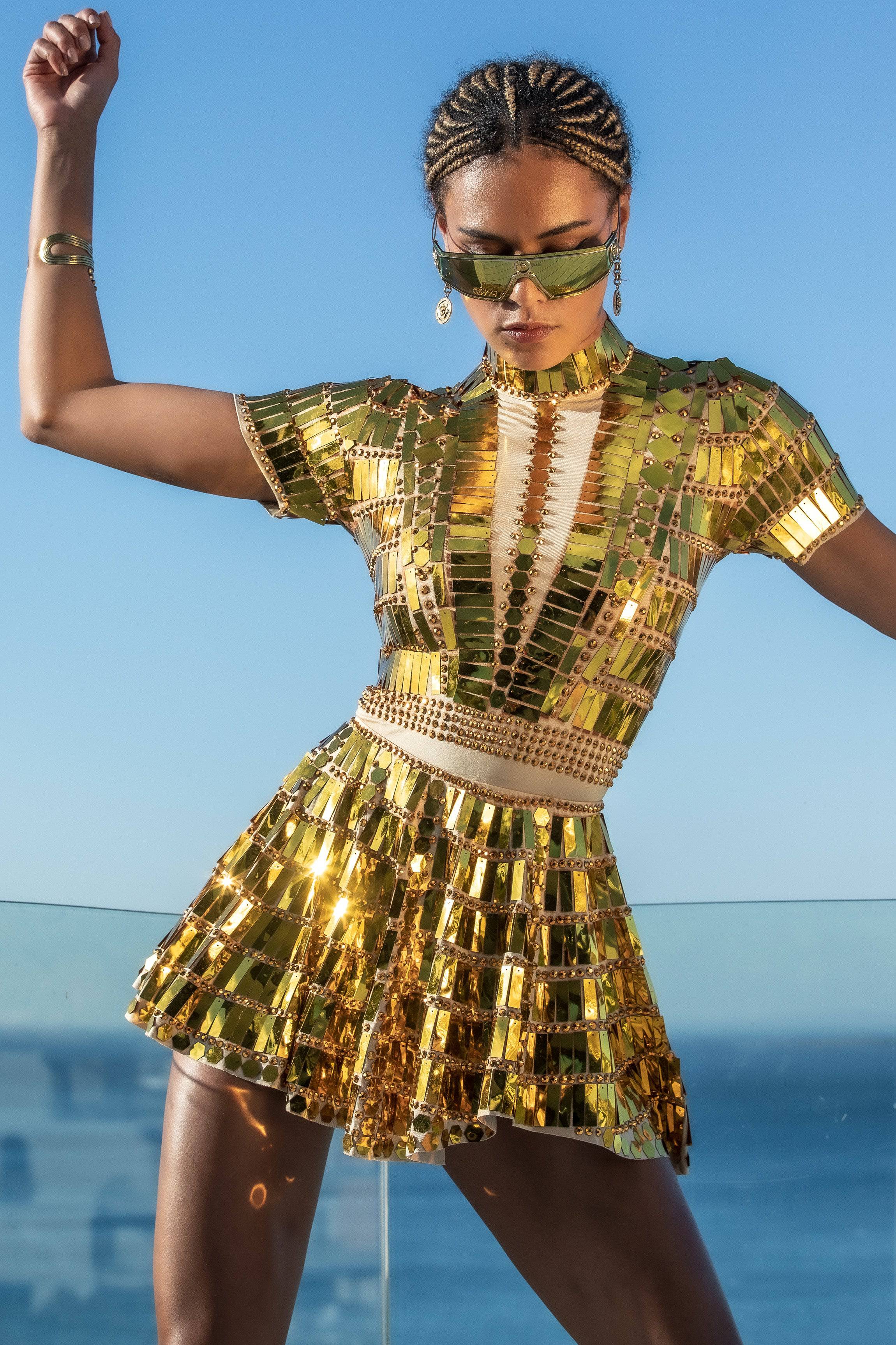Alessa reflective mirror party dress gold - Image 4